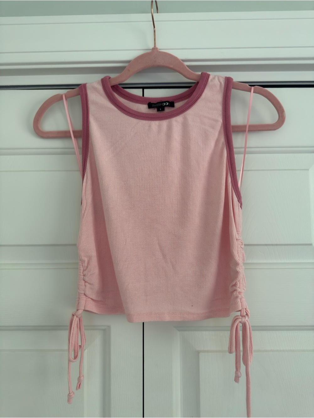 Papermoon Pale Pink Ribbed Crop Tank with Dusty Rose Trim and Side Ties